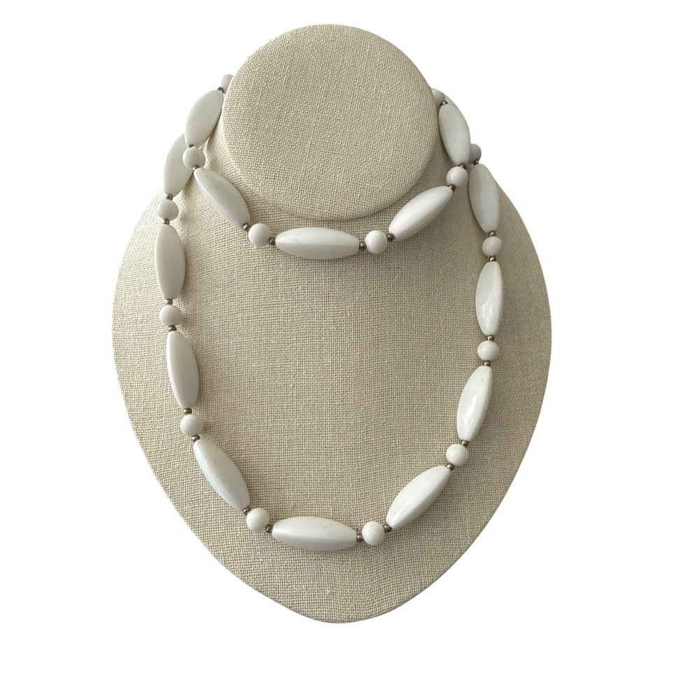 Vintage White Beaded Long Strand Necklace Oval and Round Rice Beads Classic